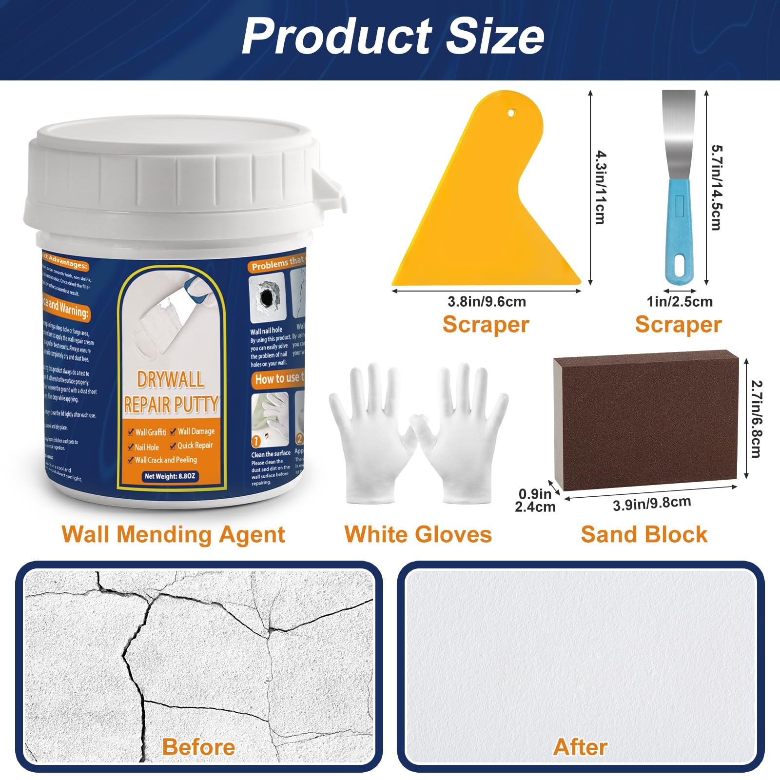 Drywall Repair Kit 8.8OZ Spackle Wall Repair Kit with Scraper Sanding Pad to Qui