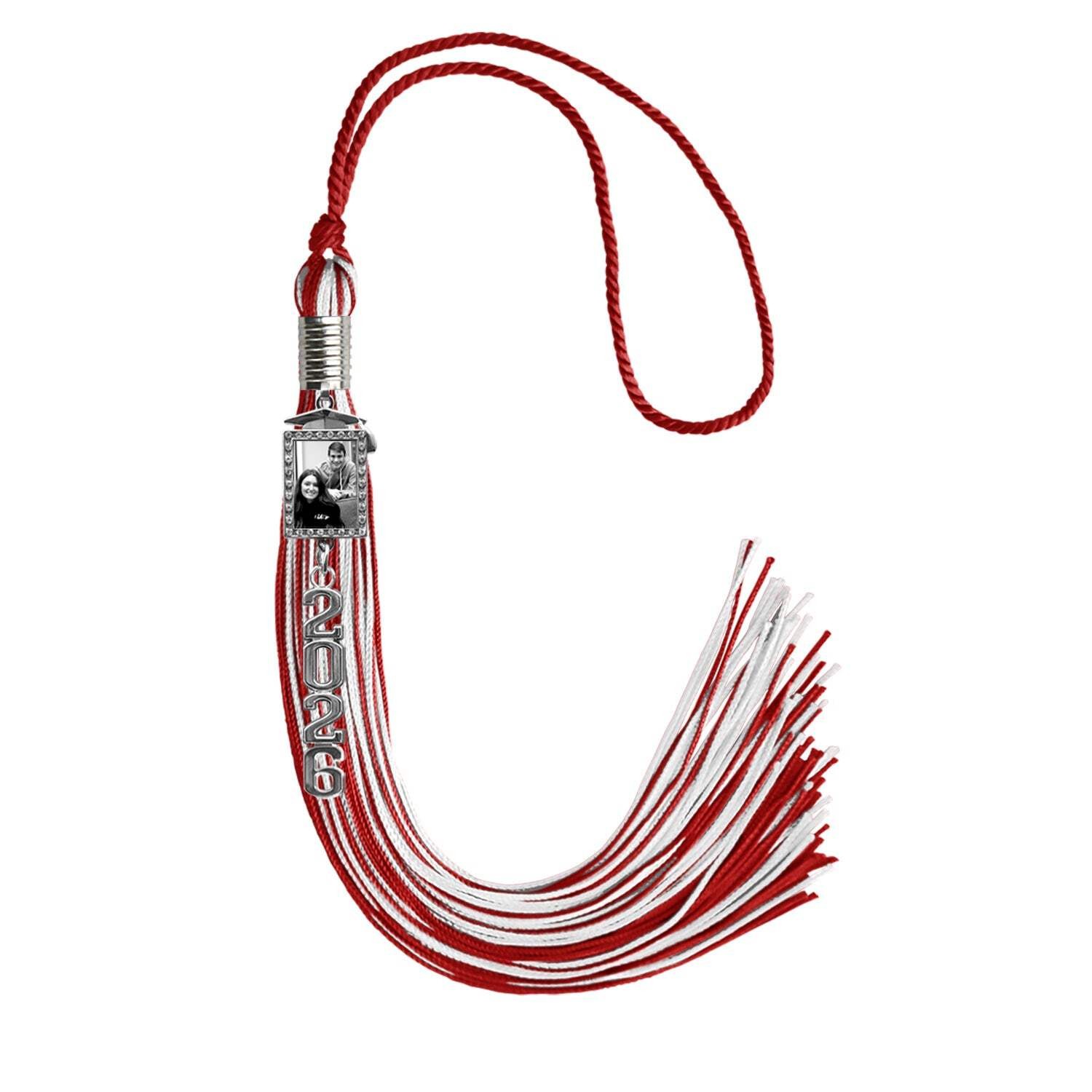 Endea Graduation Red/White Tassel with Photo Frame Charm and Stacked Date Drop