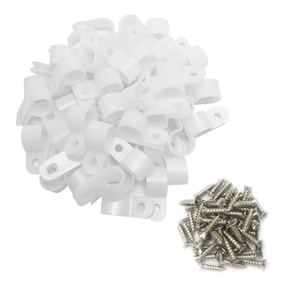 R-Type Nylon Screw Mount Cable Clamps 1/2 50 Clamps + 50 Screws White