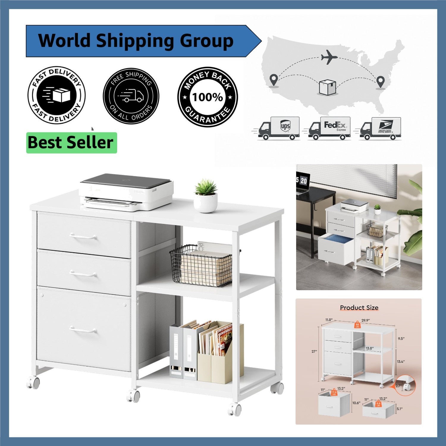 Elegant 3 Drawer Mobile File Cabinet with Open Shelf, White - Office Essential
