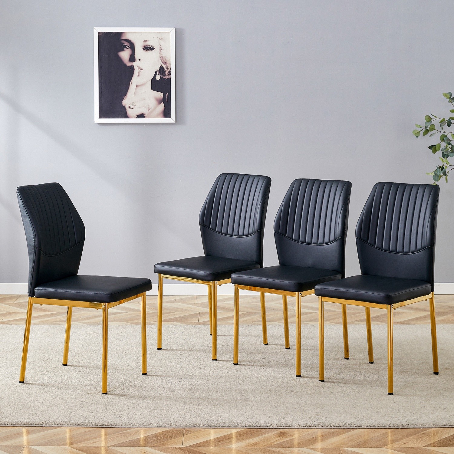 Set of 4 Black PU Leather Upholstered Kitchen Dining Chairs w/ Metal Gold Legs