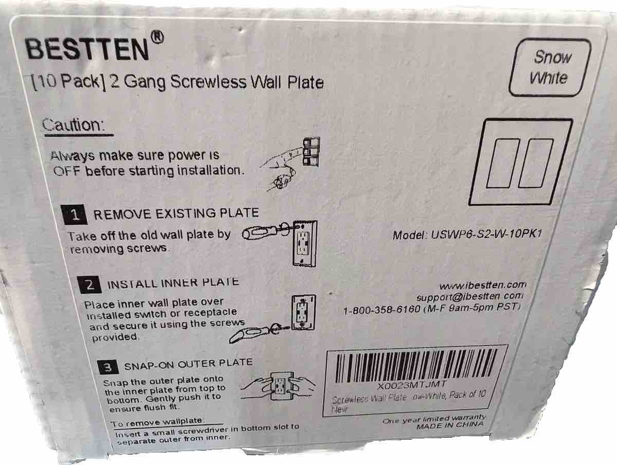(10 Pack) Bestten USWP6-S2-W-10PK1 White 2-G Screwless Wall Plate