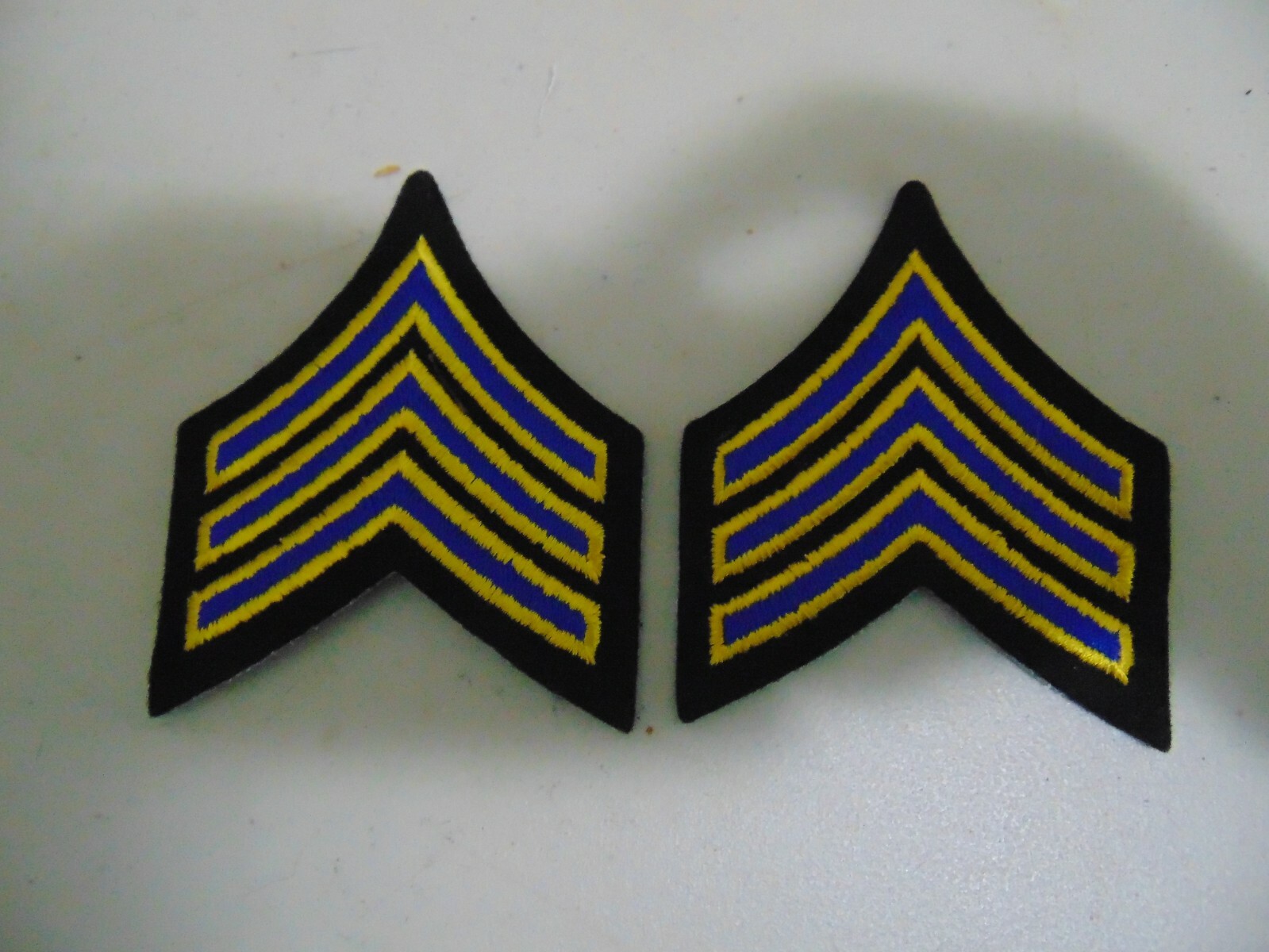 MILITARY POLICE OR FIRE PATCH SET OF 2 SEW ON SERGEANT STRIPES YELLOW BLUE BLACK