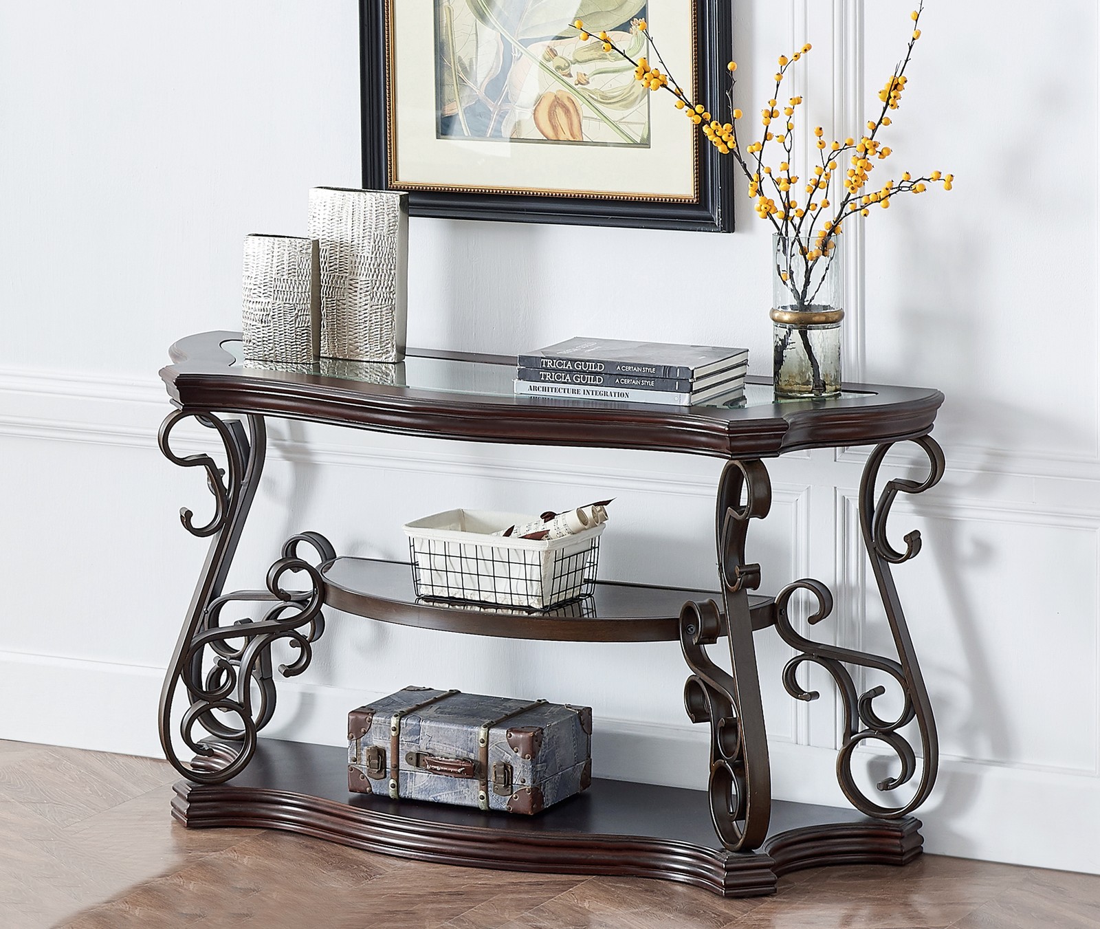 Sofa Table, Glass table top, MDF W/marble paper middle shelf, powder coat finish