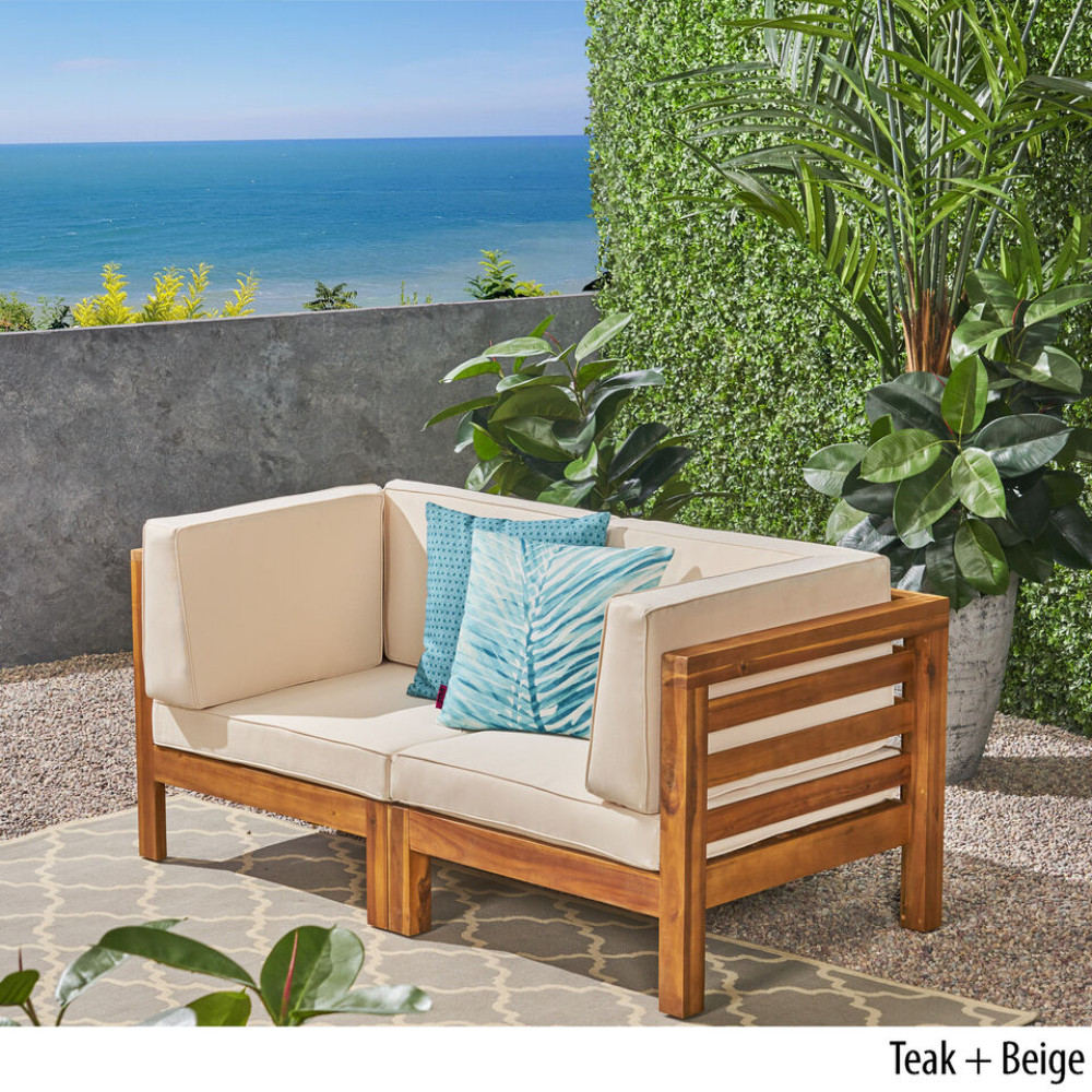 Acacia Wood Loveseat Set, Mid-Century Modern Outdoor Furniture 2-Piece Beige