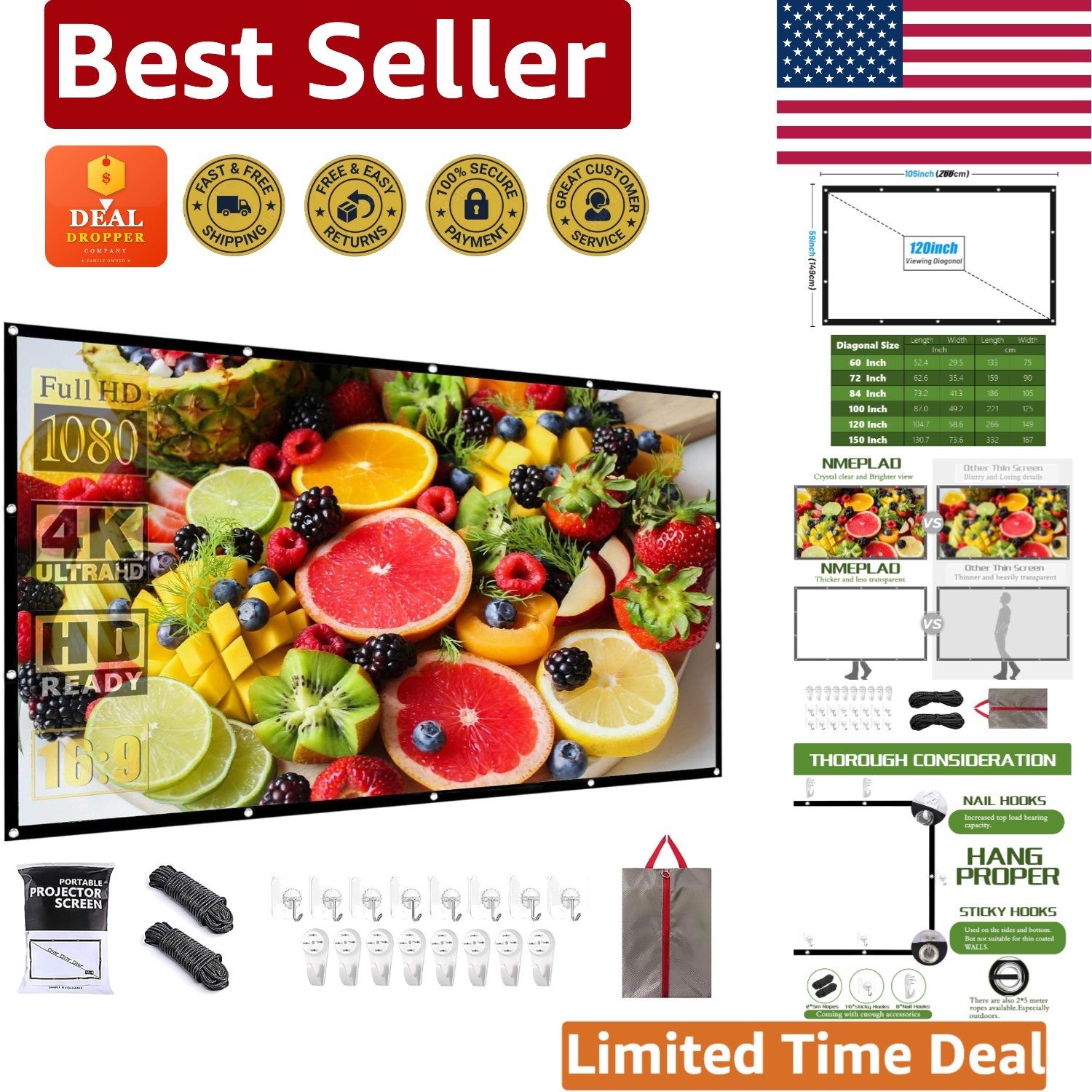 Wrinkle-Free 120 Inch Movie Screen with 160° Viewing for Indoor & Outdoor Fun