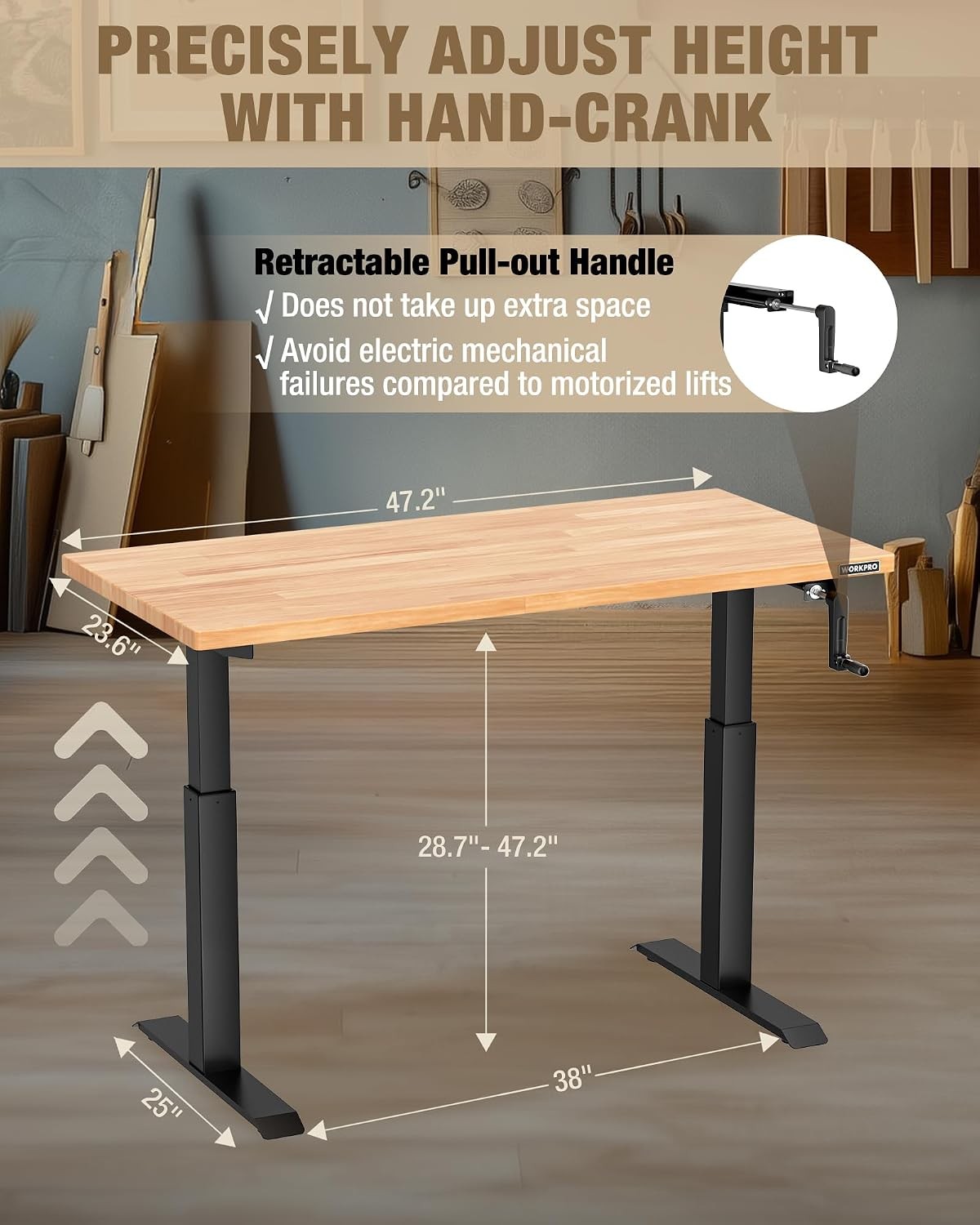 47.2" x 23.6" Adjustable Workbench with Crank Handle Rubber Wood