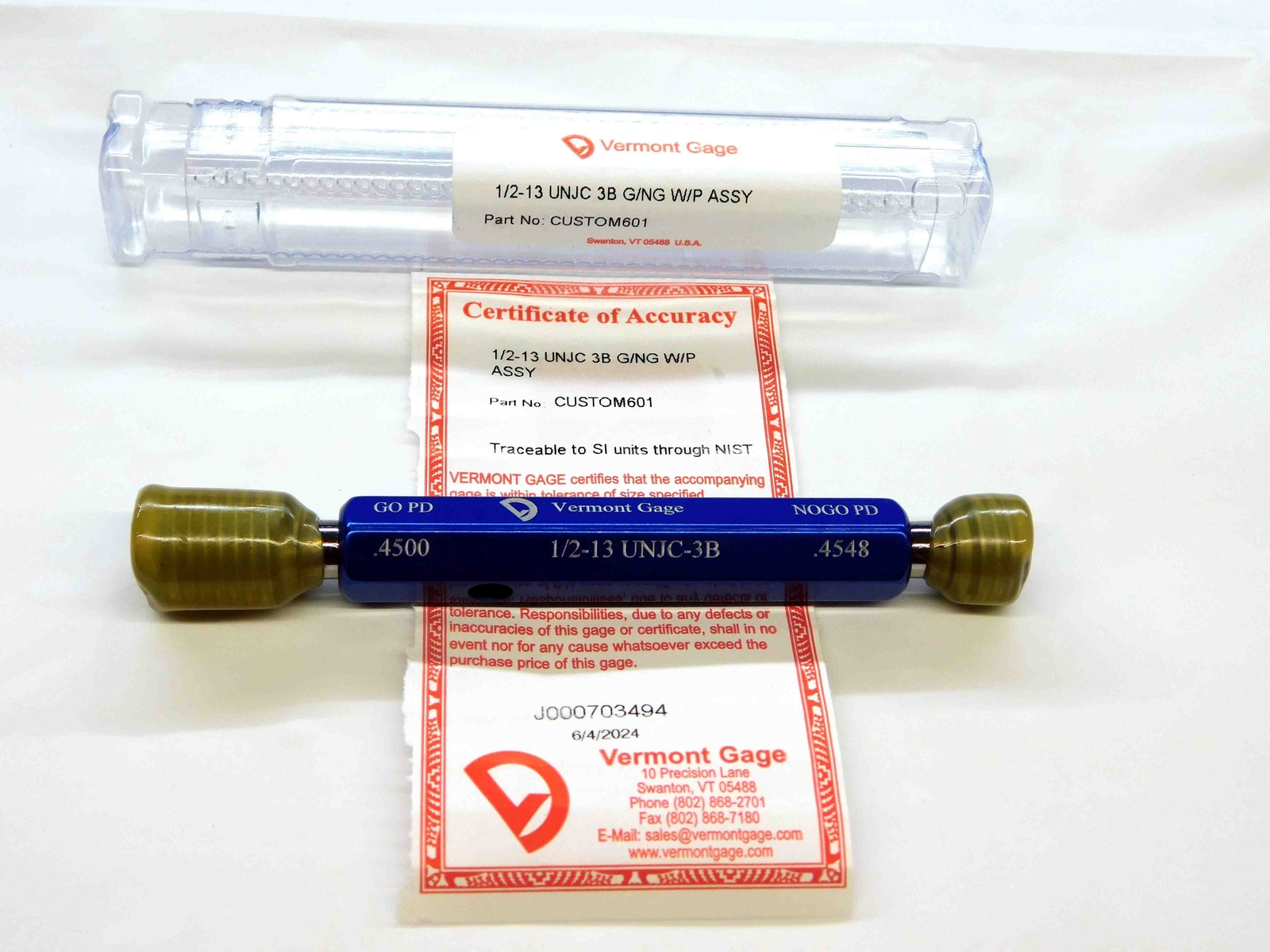 NEW 1/2 13 UNJC 3B VERMONT THREAD PLUG GAGE .5 GO NO GO P.D.'S = .4500 & .4548