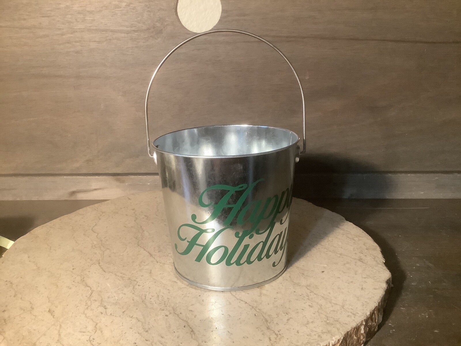 HAPPY HOLIDAYS SILVER TIN BUCKET WITH GREEN WRITING 5 X 5.5"