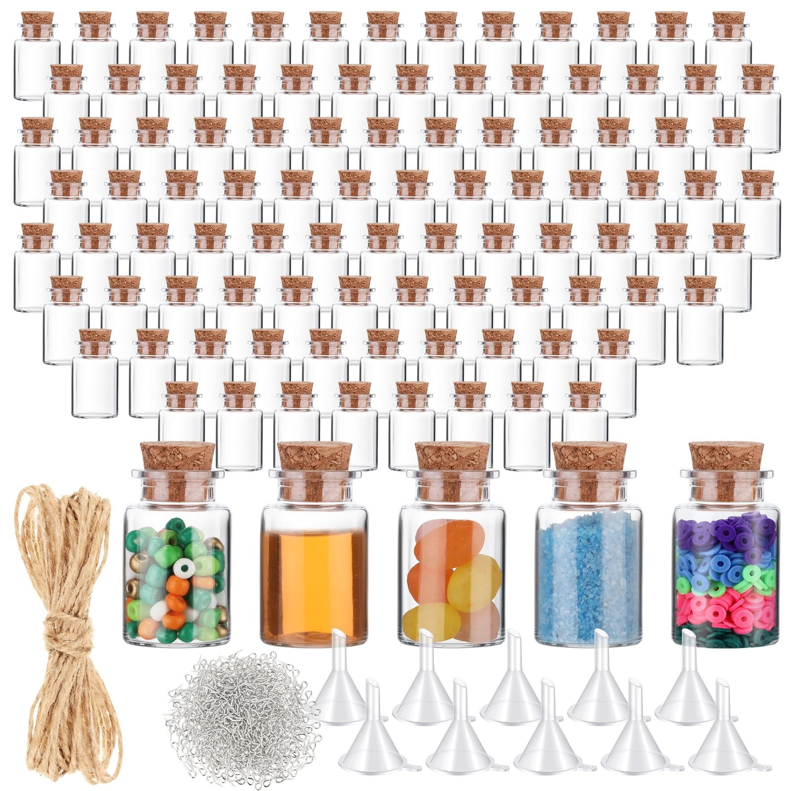 100 Packs Mini Plastic Bottles with Corks Stoppers Eye Screws Funnels Small P...