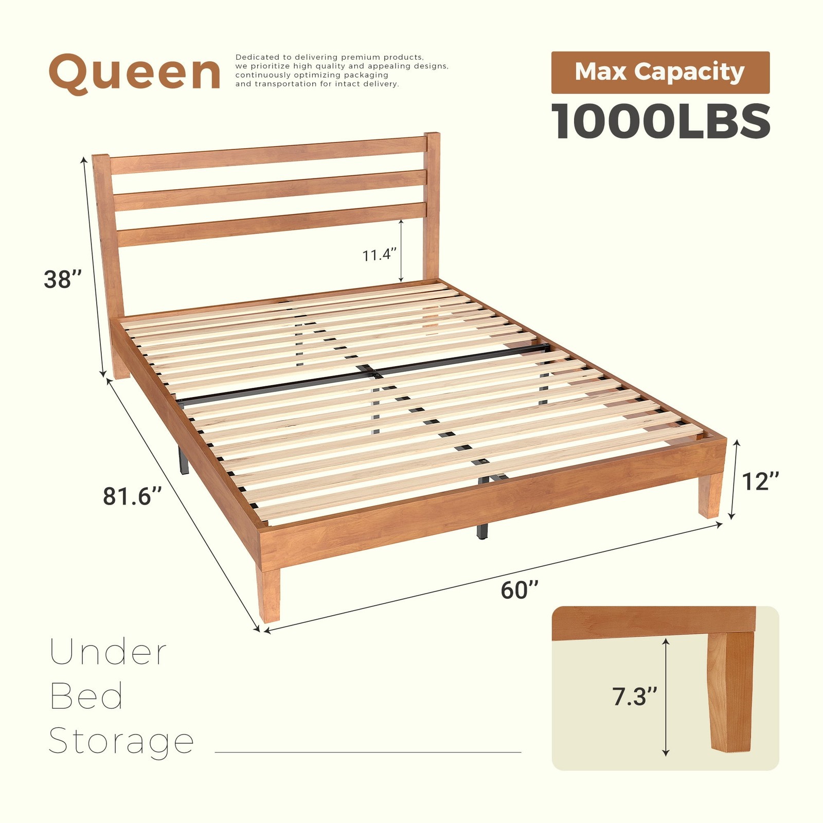 4 Sizes Solid Wood Bed Frame w/ Headboard Walnut Finish Wood Slat Support System