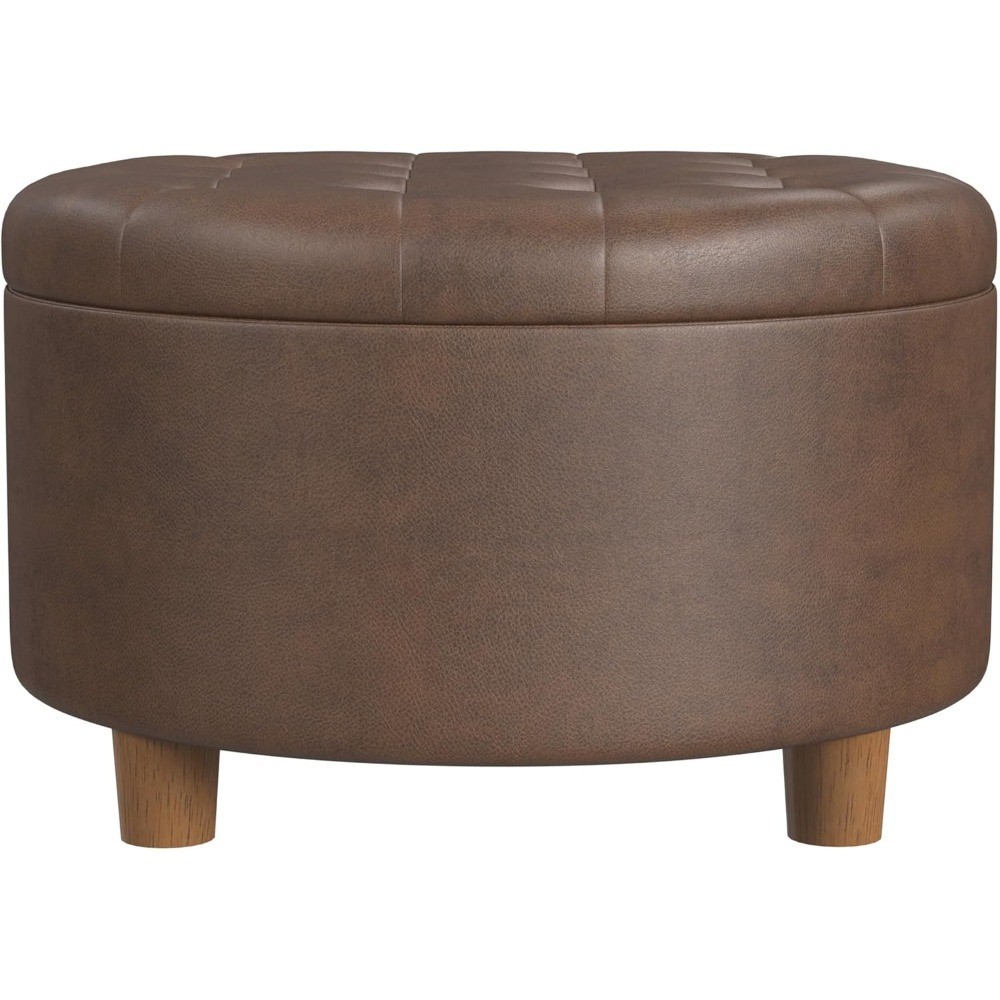 Round Storage Ottoman with Faux Leather Upholstery for Living Room and Bedroom