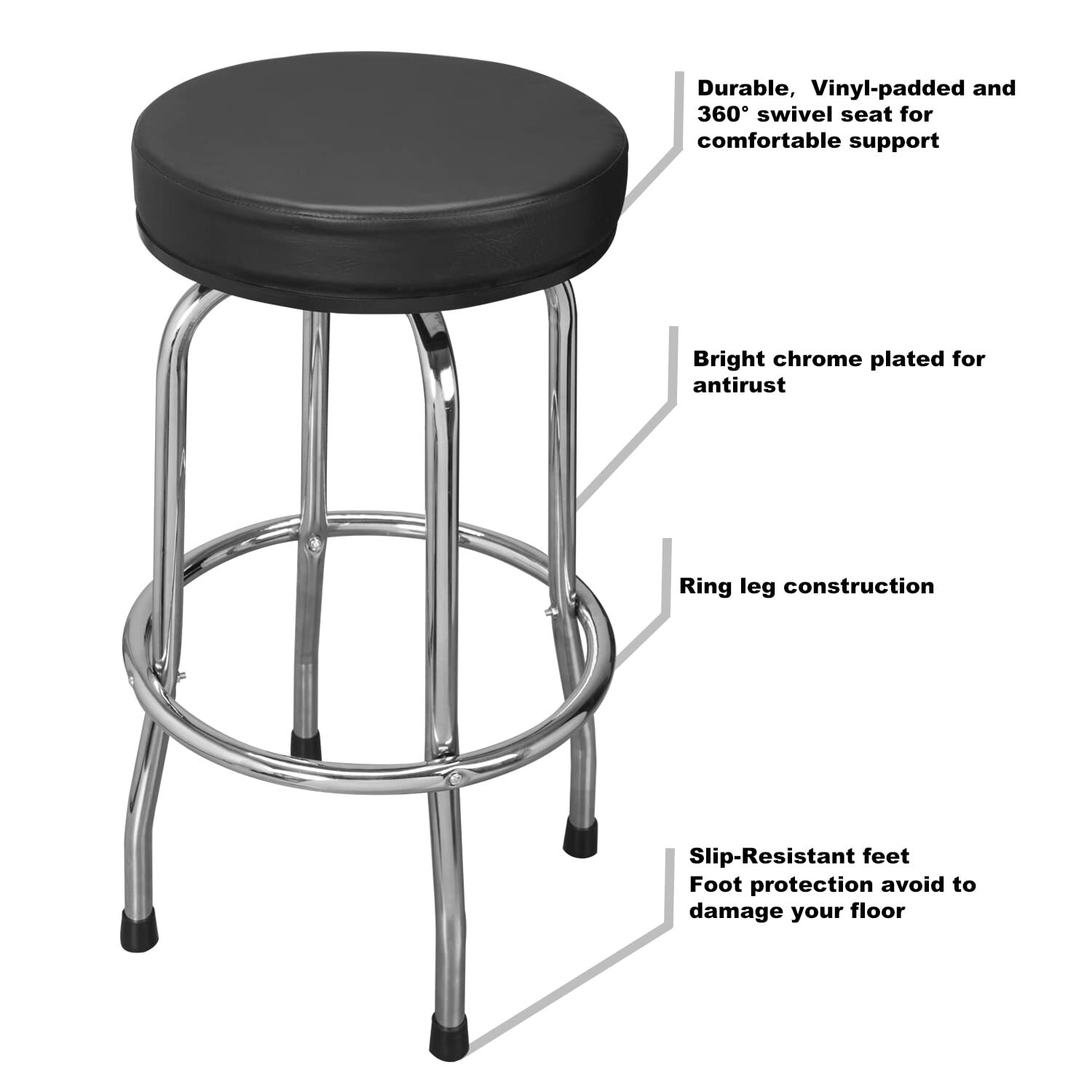 Torin Swivel Bar Stool Padded Garage/Shop Seat Plated Legs, Black