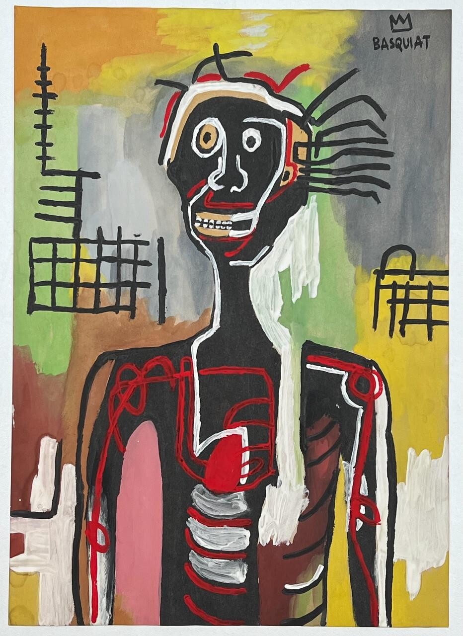 Jean-Michel Basquiat (Handmade) Drawing On old Paper Signed & Stamped, Vtg Art