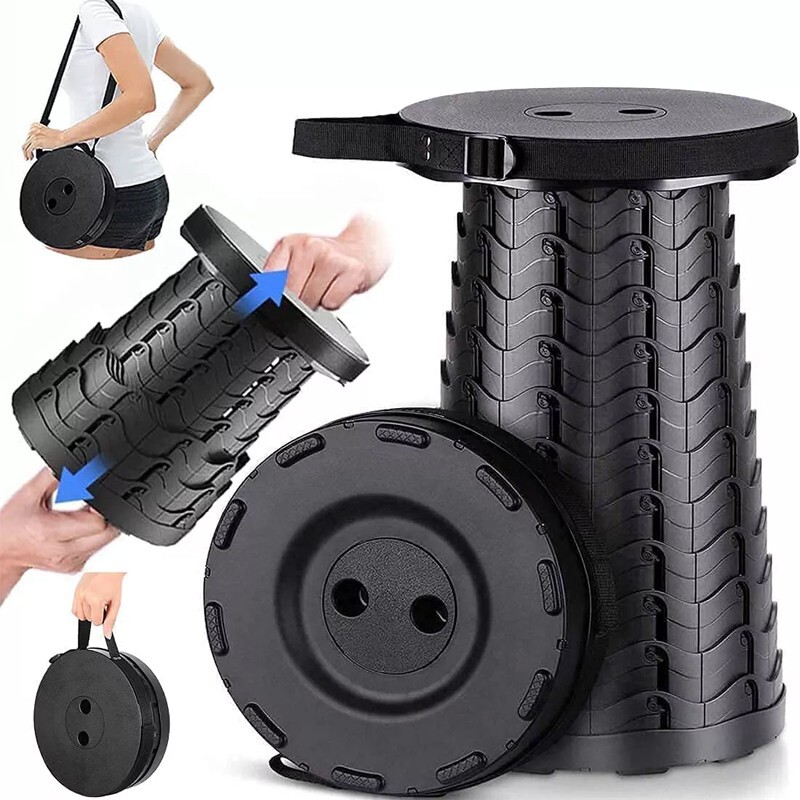 Portable Retractable Stool Foldable Camping Hiking Chair Seat Fishing Black