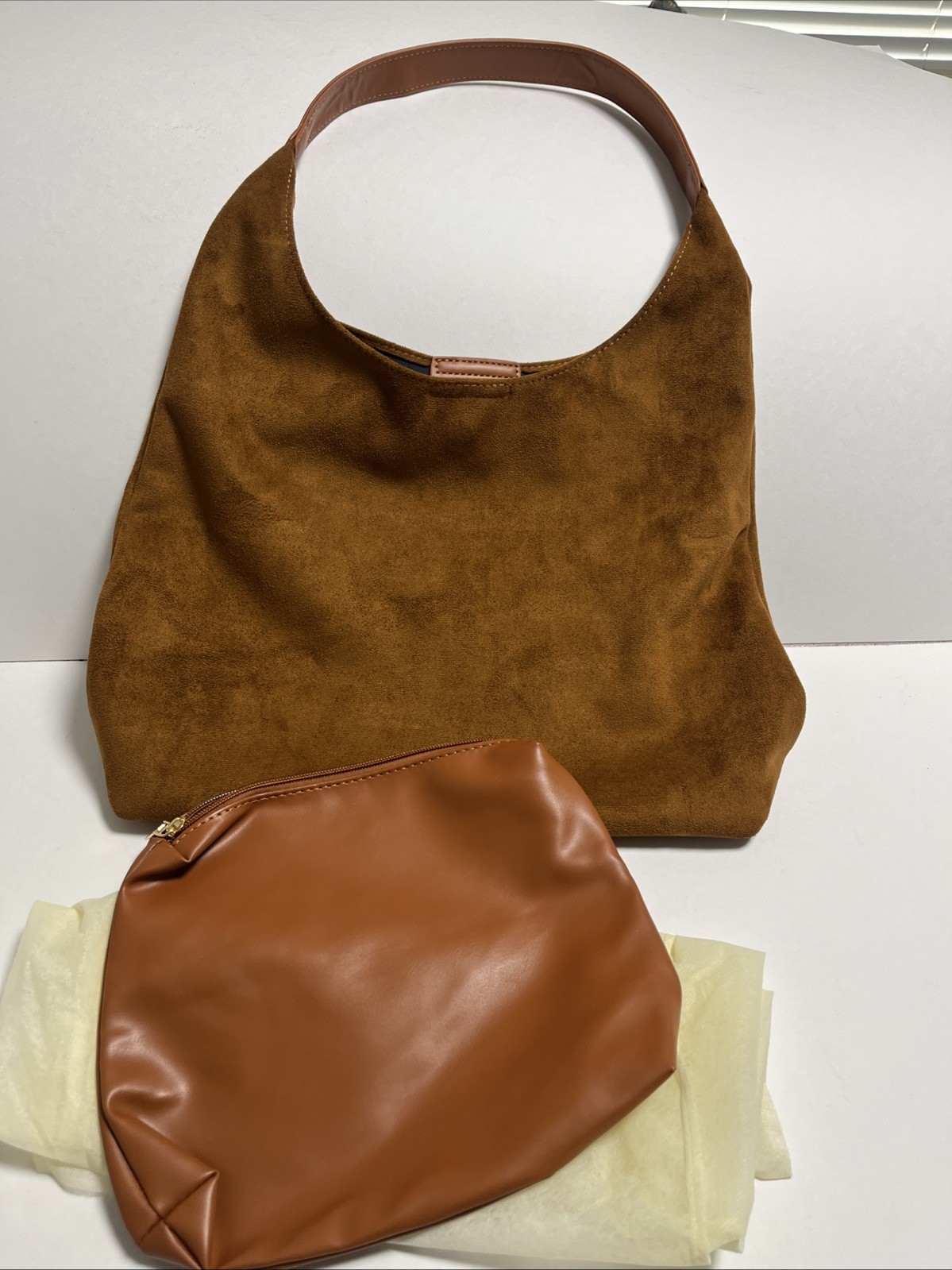 Brown Microfiber Purse And Makeup Bag Set Size 15x12 New Without Tags