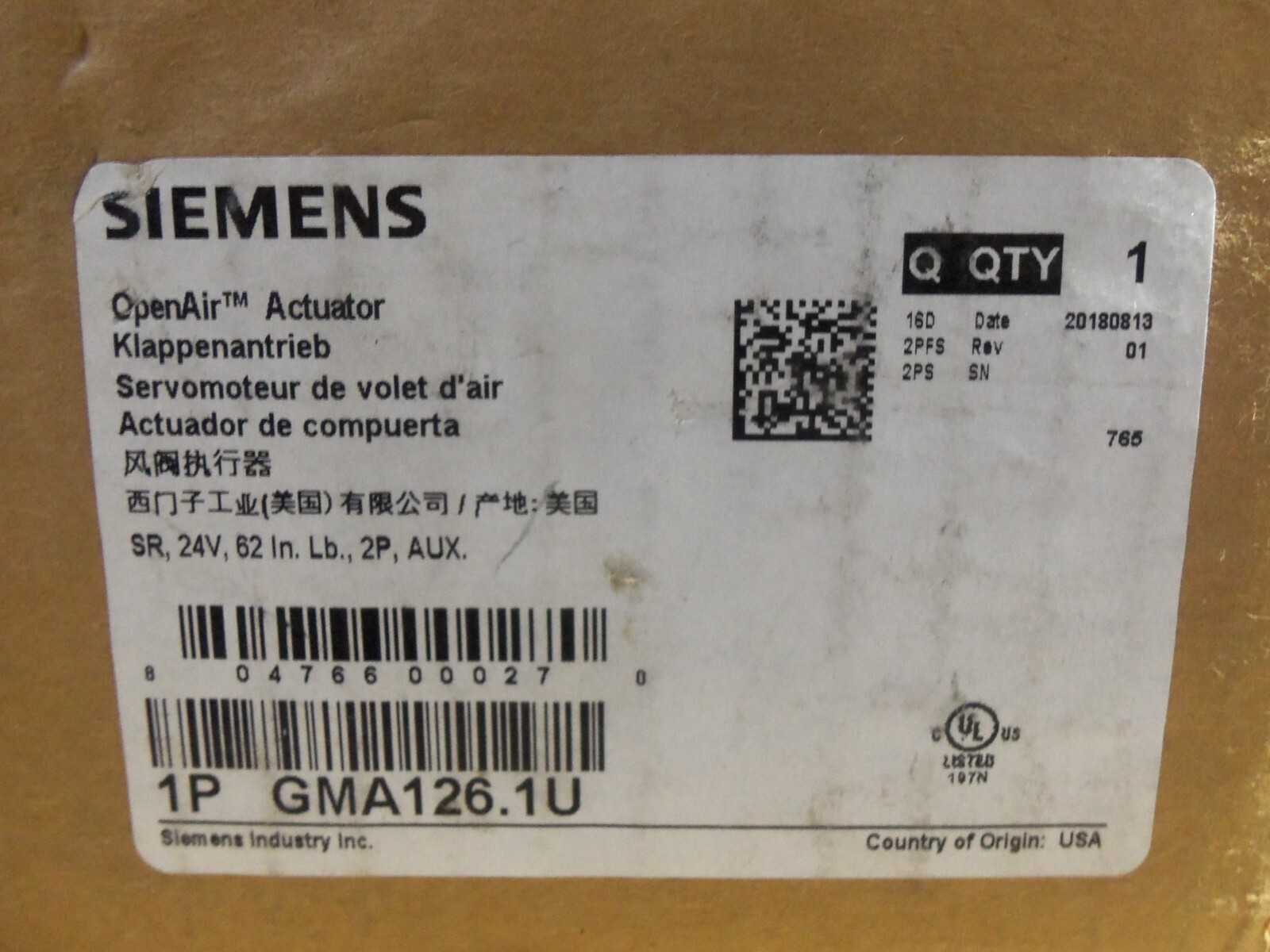 NEW SIEMENS 1P GMA126.1U Open air Actuator Class 2 AC/DC 24V 50/60Hz 5VA Nema 1
