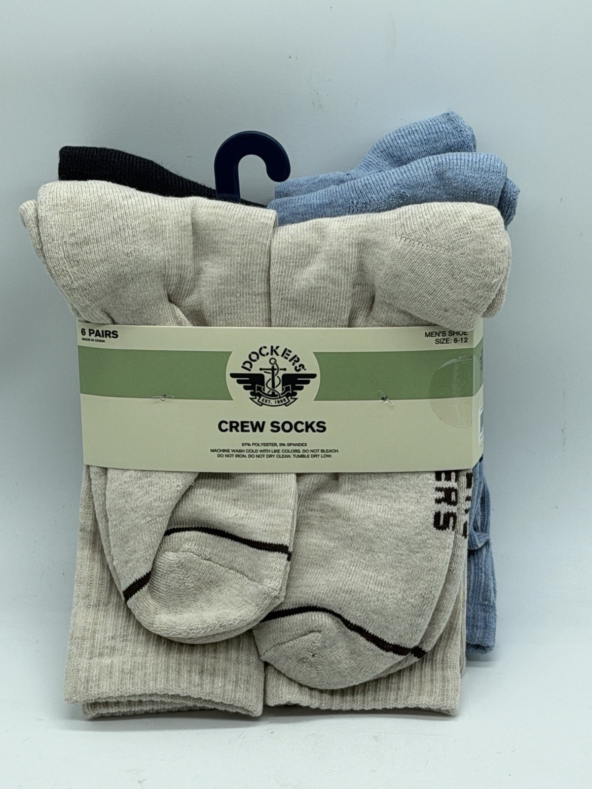 NEW 6 PAIR PACK MENS DOCKERS CREW SOCKS LARGE 6-12 BLUE / BEIGE