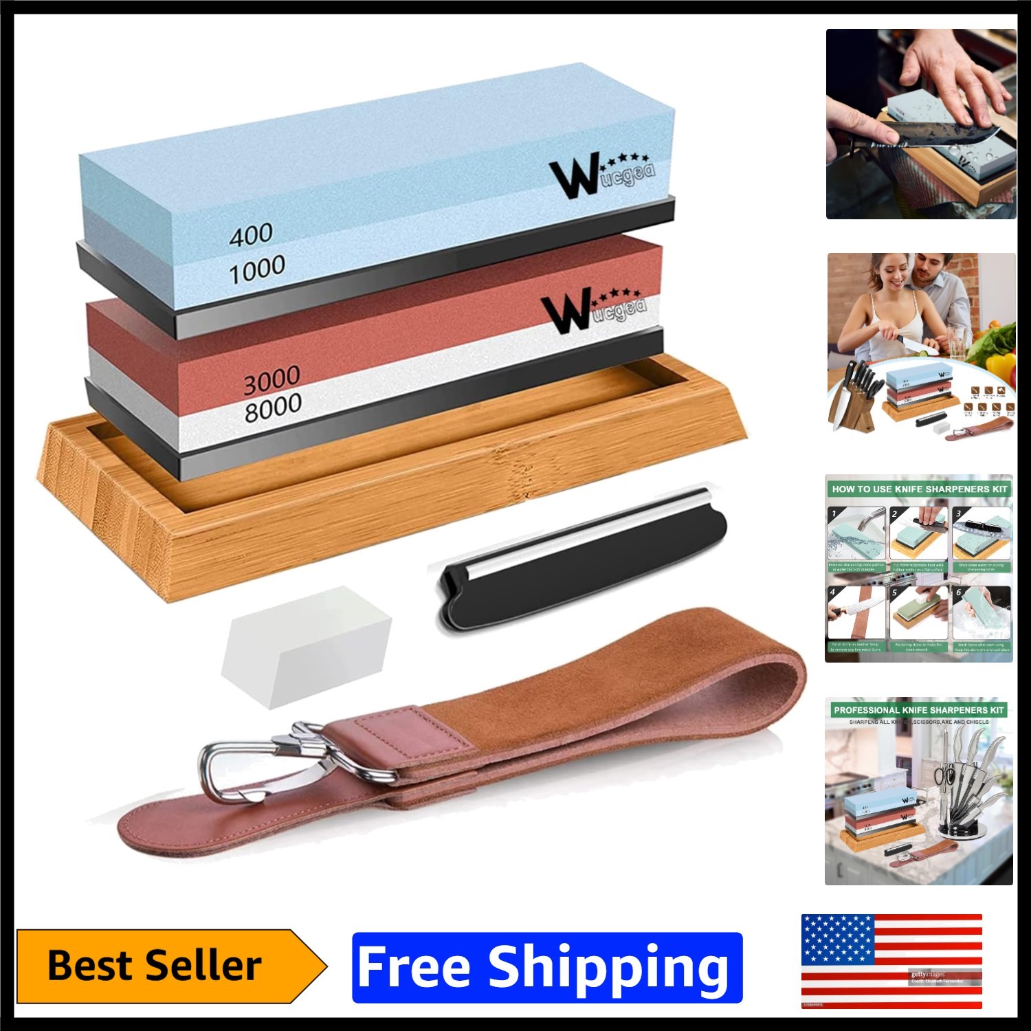 Japanese Whetstone Sharpening Set with Non-Slip Base & Leather Strop - 400/8000