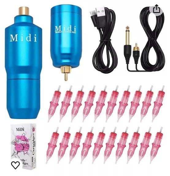 Blue Wireless Tattoo Kit Complete Rotary Pen Machine  Power Power Supply