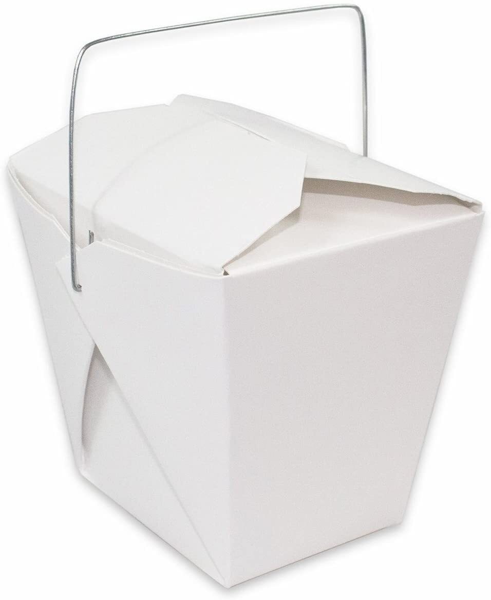 White Chinese Asian Paper Take Out Box With Wire Handle Leak And Grease Resistan