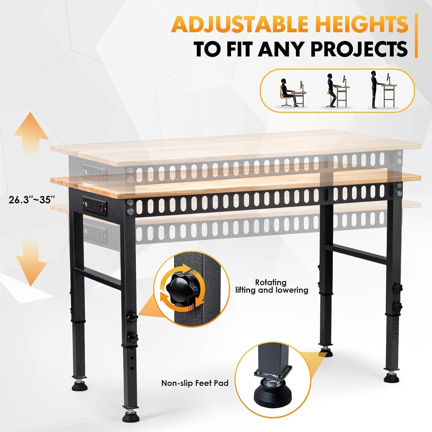 48" Adjustable Workbench, 2000LBS Capacity, Rubber Wood Top, Power Outlet