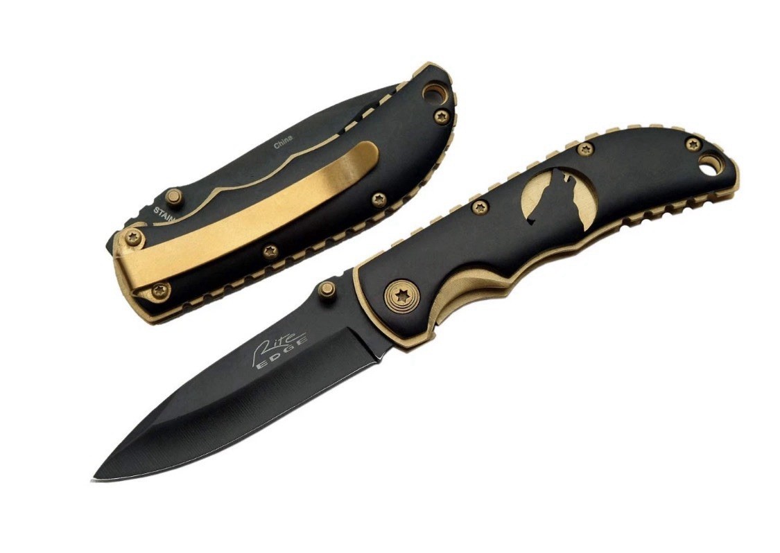 3.5" Wolf Folding Knife with Black Stainless Steel Blade, Gold Pocket Clip