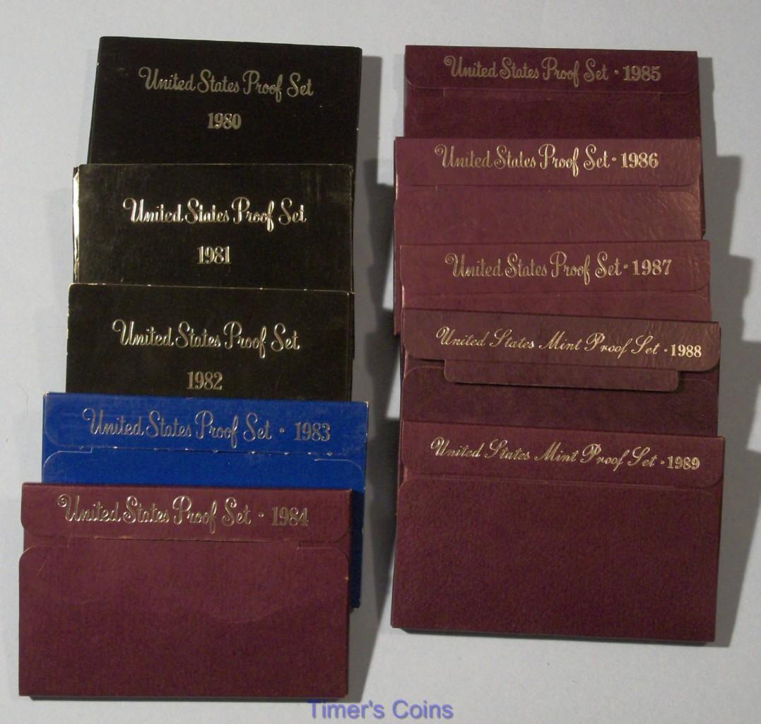 1980 -1989 PROOF sets - Lot of 10 Sets- 1980 through 1989 S Proof Set lot