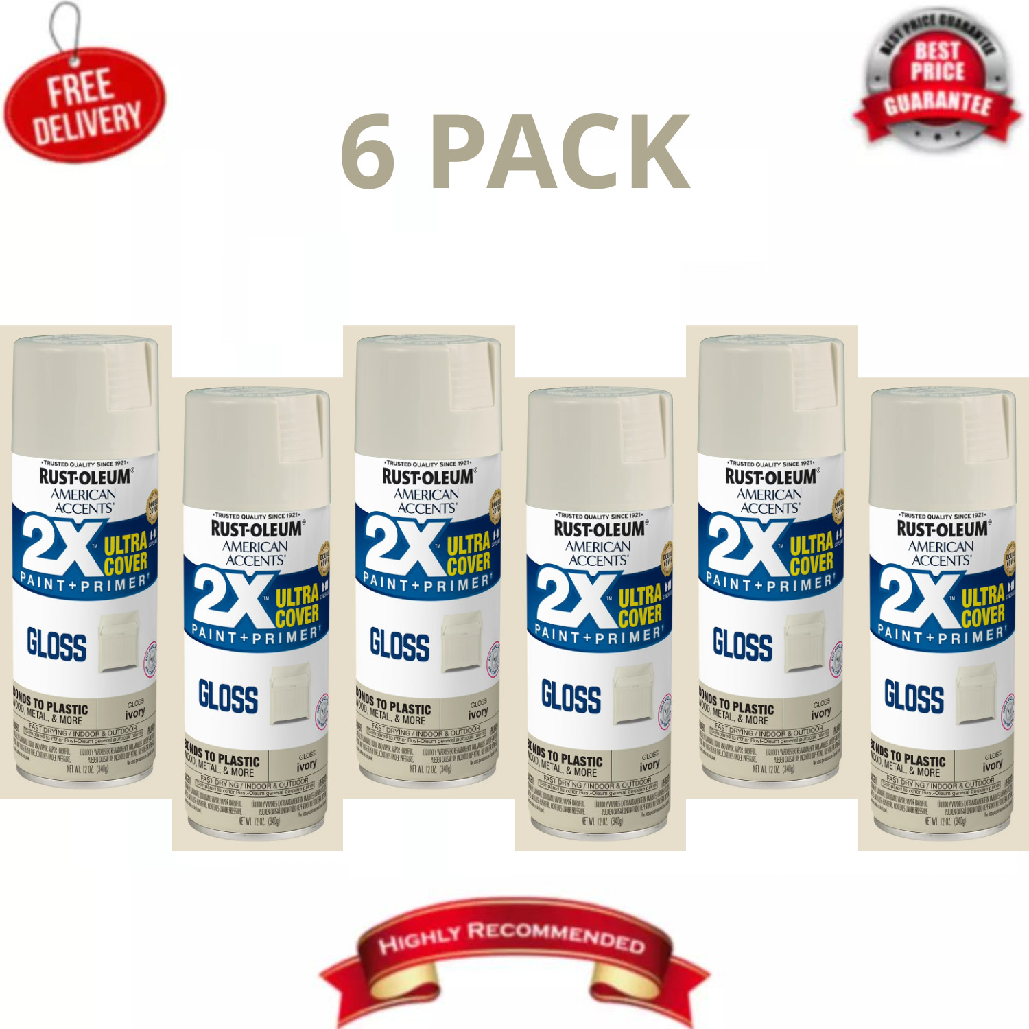 Rust-Oleum American Accents 2X Ultra Cover Gloss Spray Paint Ivory 12 oz, 6 Pack