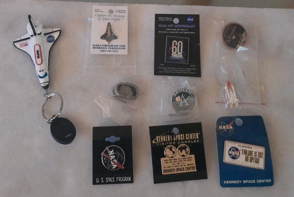 NEW Lot of 9 NASA Space Kennedy Space Center Pins Plus 1 Keychain