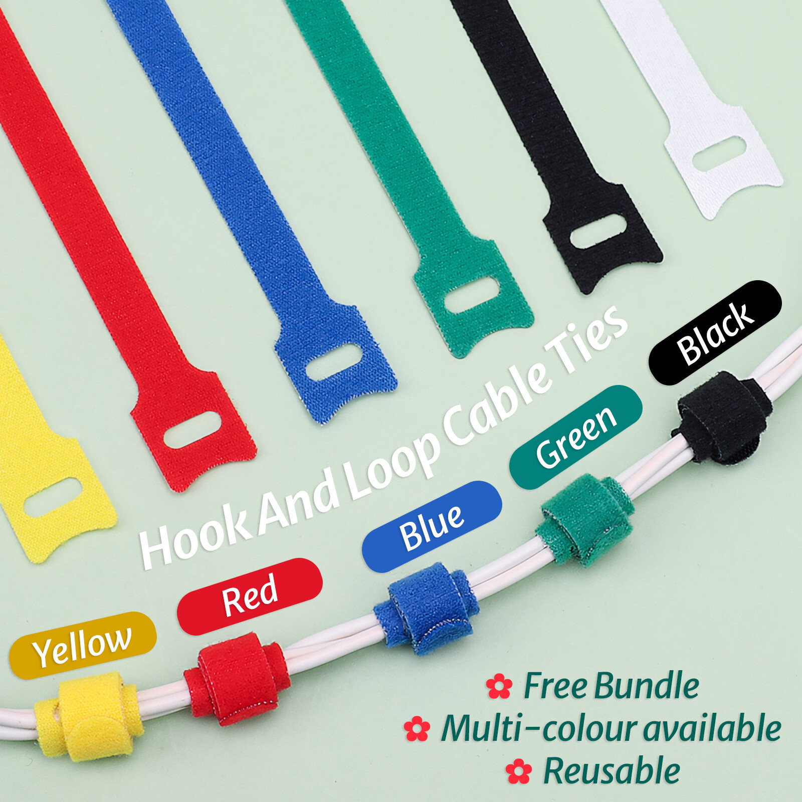 50x Hook and Loop Cable Ties Reusable Magics Cords Organiser Strap Tidy Grip