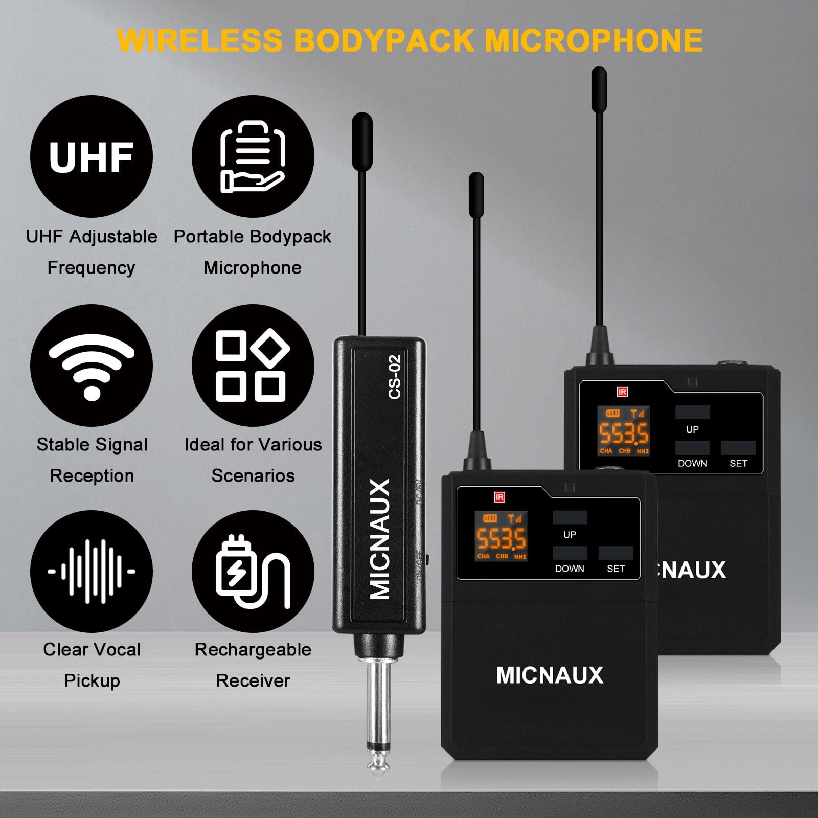 Wireless Lapel Microphone System with Headset & Lavalier Mics, Dual Bodypack ...
