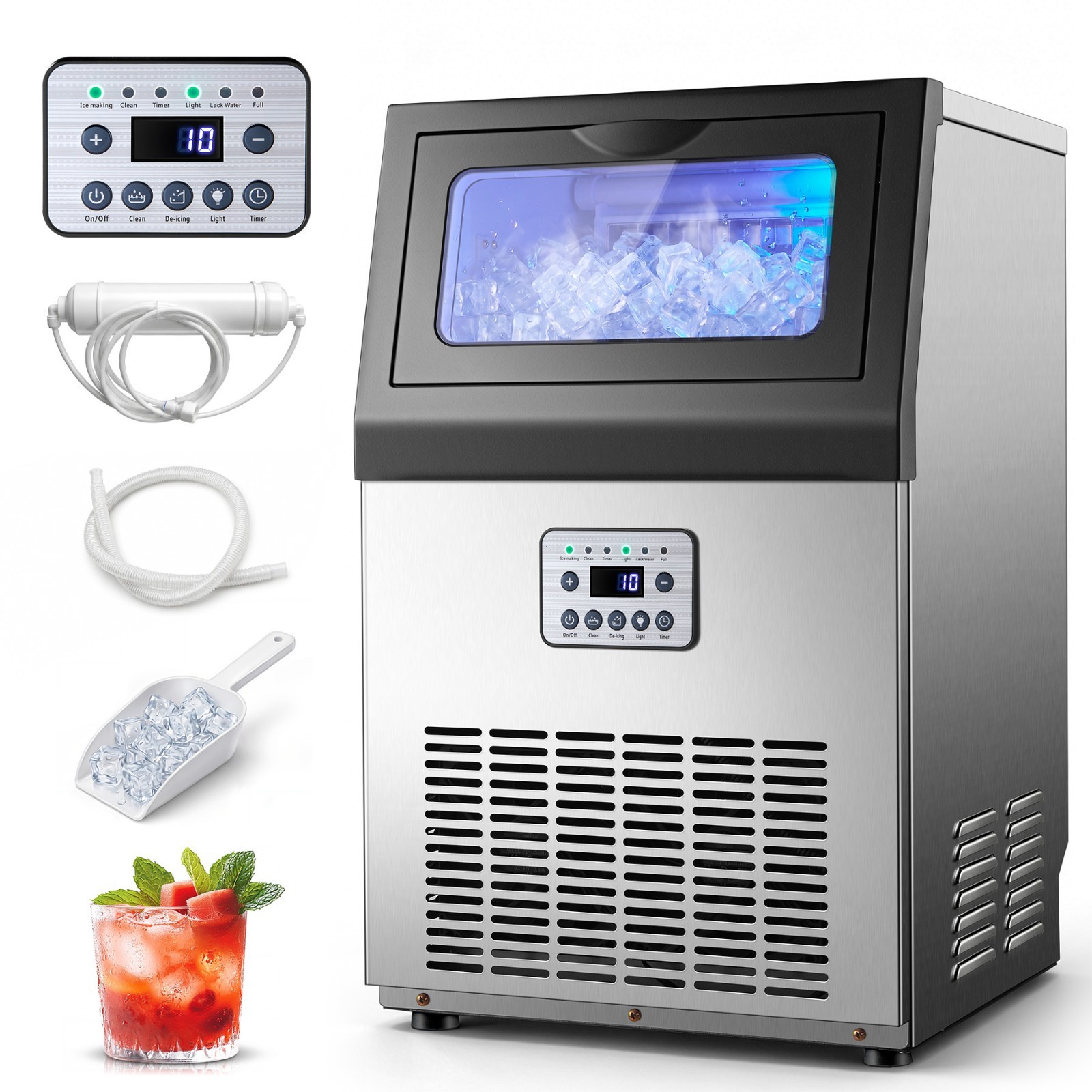 Zomagas Commercial Ice Maker 80lbs Day 32Cubes Stainless Steel Self Cleaning LED