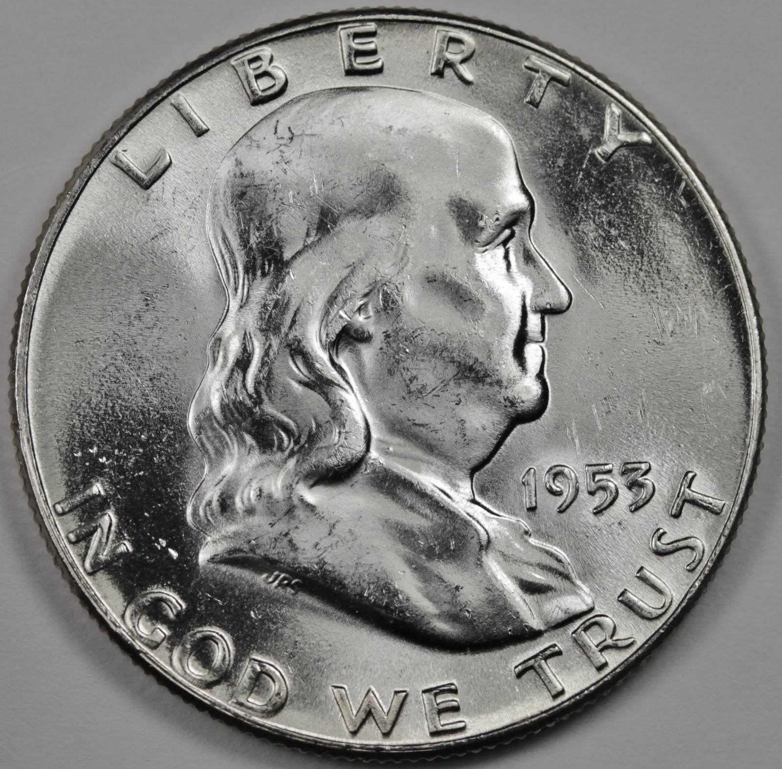 1953-p  Franklin Half. Fully Separated Horizontal Bell Lines.  BU. (Inventory)