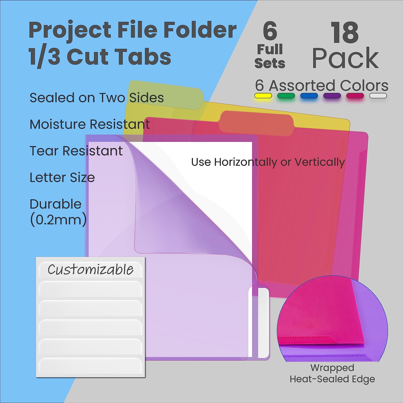 18 Pack Poly Project Document Pockets 1/3 Cut Tabs 6 Translucent Colors