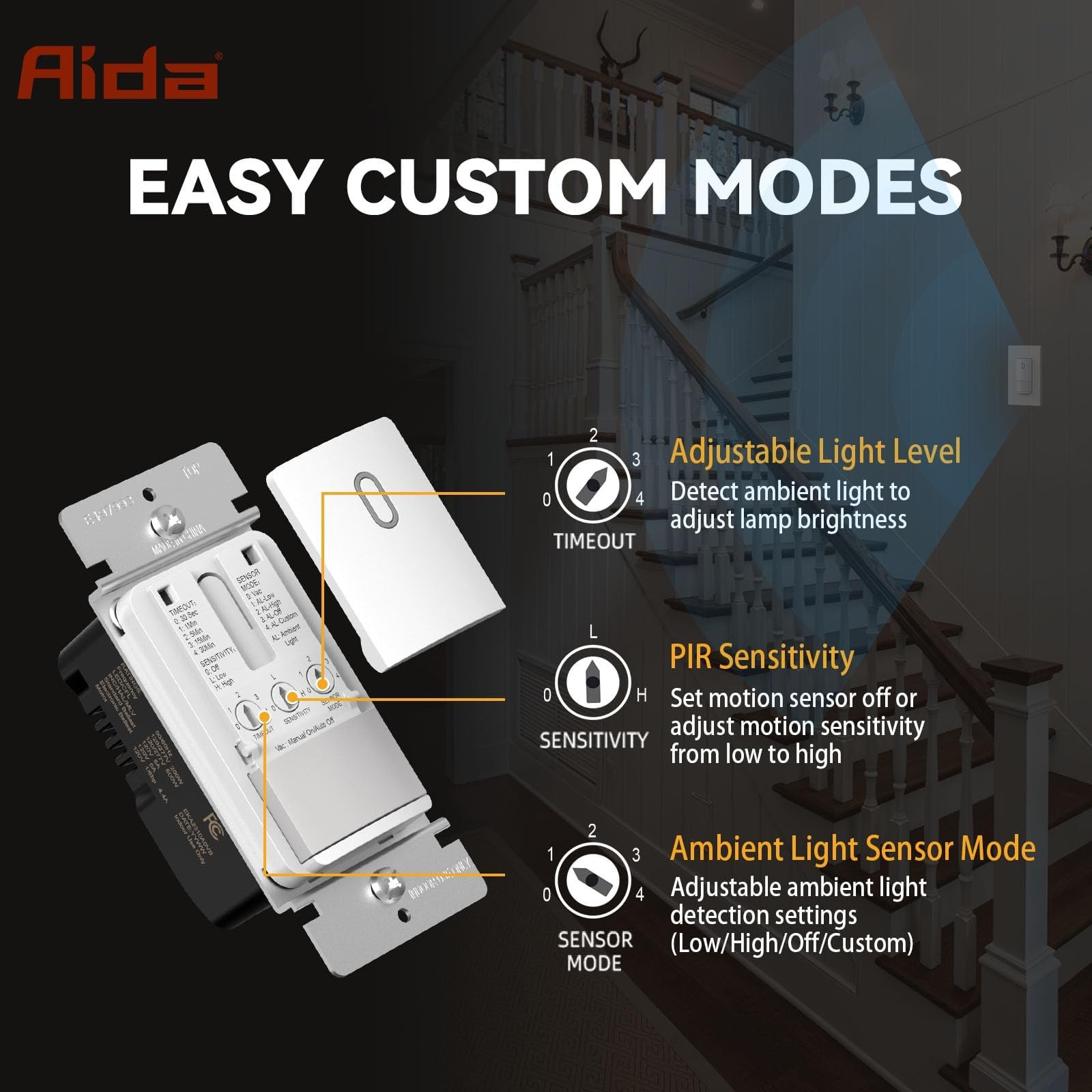 AIDA Single Pole Motion Sensor Light Switch w/Neutral Wire - 120° PIR Infrare...