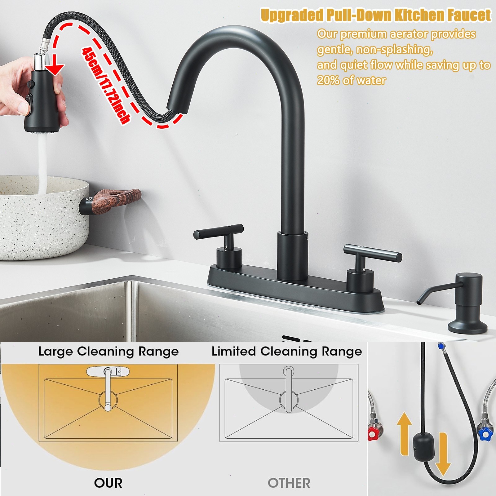 3 Hole Kitchen Faucet Pull Down Sprayer 8"Centerset 2 Handle with Soap dispenser