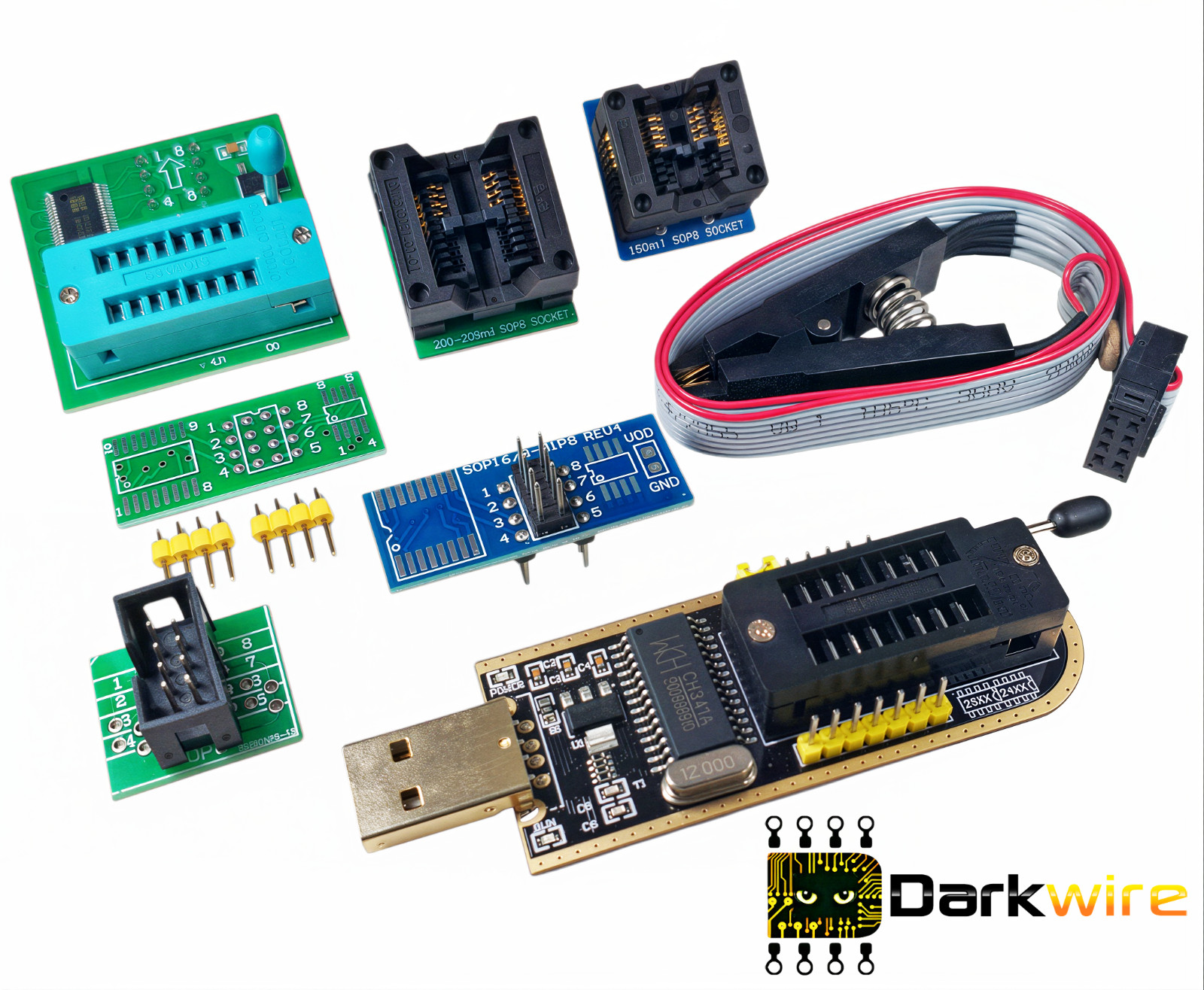 CH341A 24 25 Series EEPROM & Flash Programmer + Test Clip + Adapters - SPI I2C