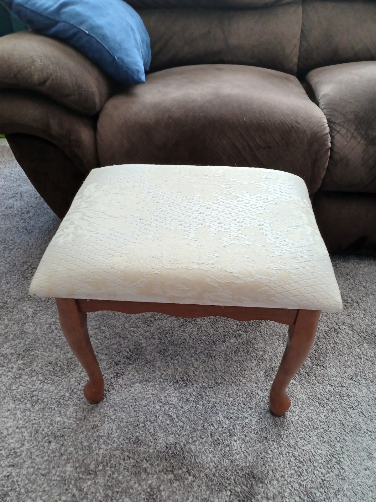 Vintage Foot Rest Stool W/Floral Neutral Fabric Covered Top