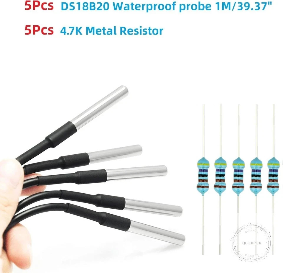 5 Pcs DS18B20 Temperature Sensor Probe High-Accuracy Waterproof Equipped