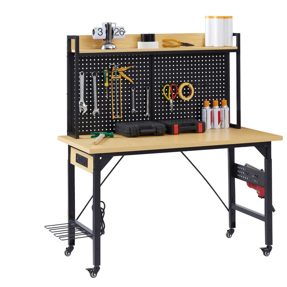 48" Adjustable Rolling Workbench Pegboard 1600lb AC/USB Shelf