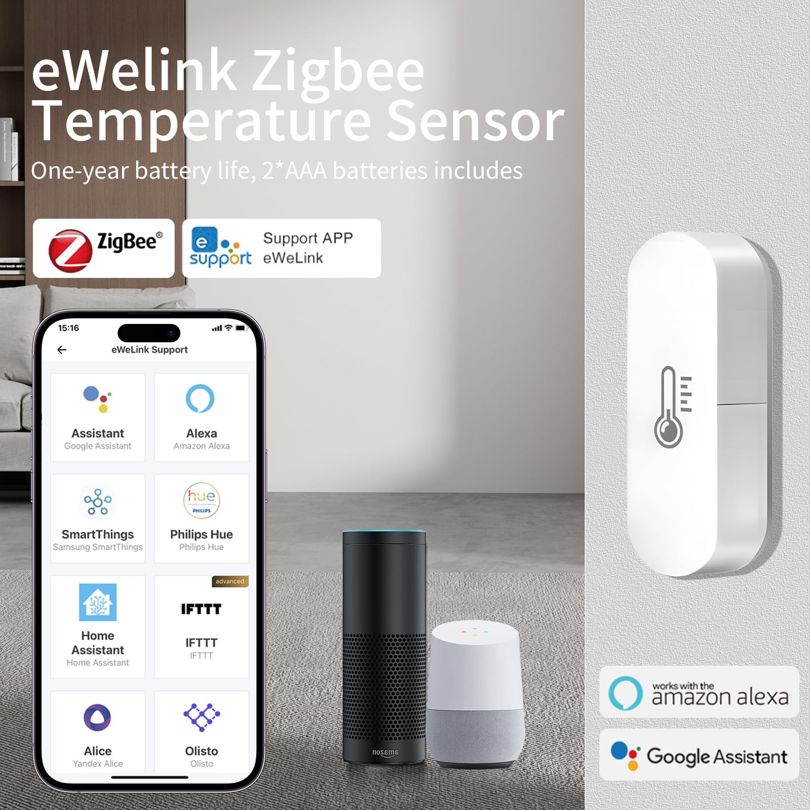 Zigbee Temperature Sensor, Humidity Sensor Thermometer for House, Compatible ...