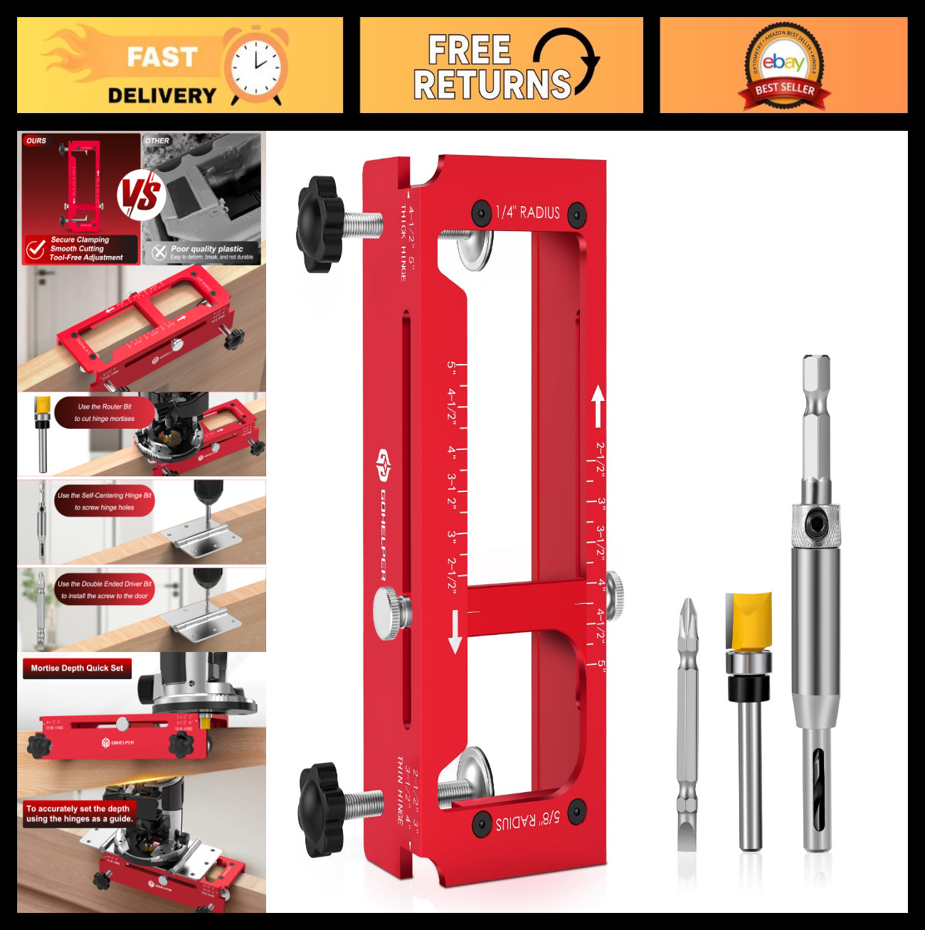 Adjustable Door Hinge Jig Template Kit for Router - Fits 2.5" to 5" Hinges
