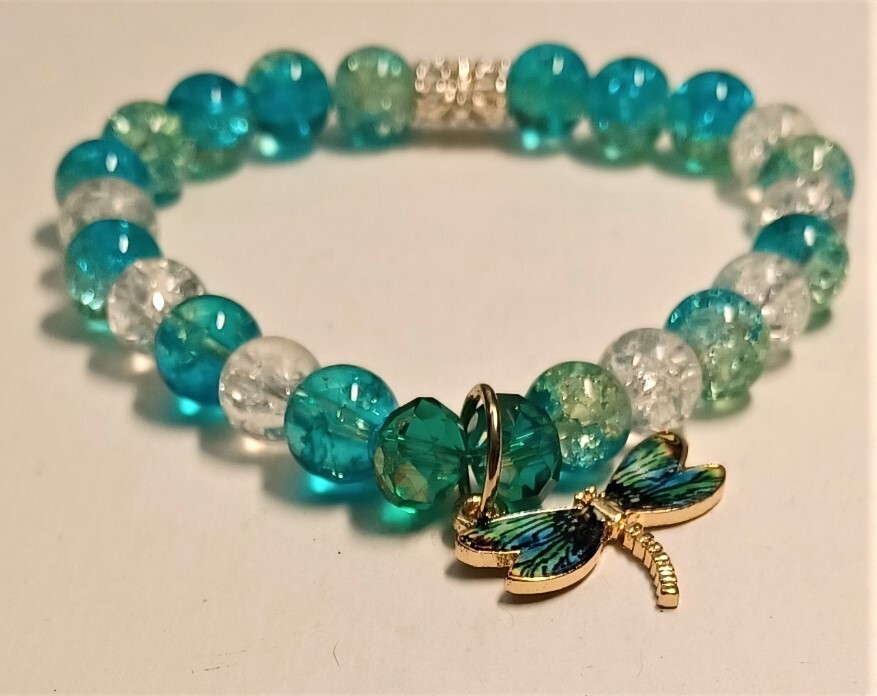 Stretchy Glass Beaded Dragonfly Charm Bracelet