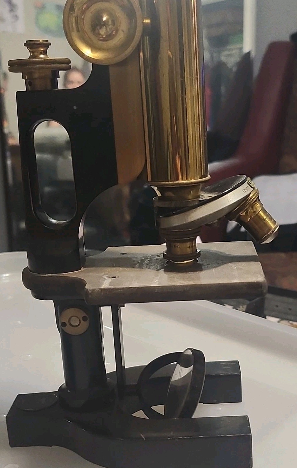 Antique Brass & Black Metal Microscope w/ Mirror, Stage & Objective Lenses