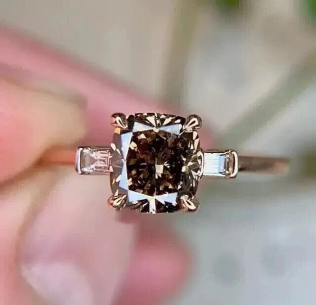 2Ct Cushion Cut Lab Created Chocolate Women Engagement Ring 14K Rose Gold Plated