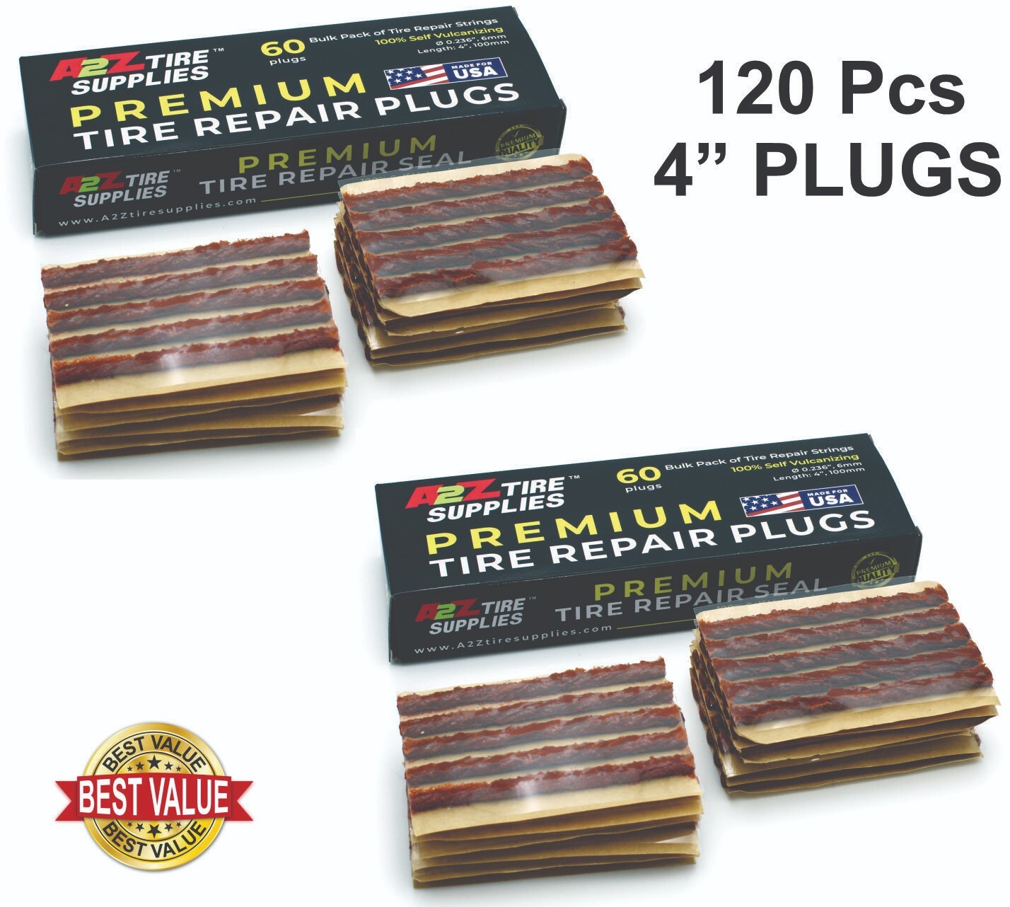 A2Z 120 Pieces Brown 4" Tire Plug Insert String Tubeless Flat Tire Repair Seal
