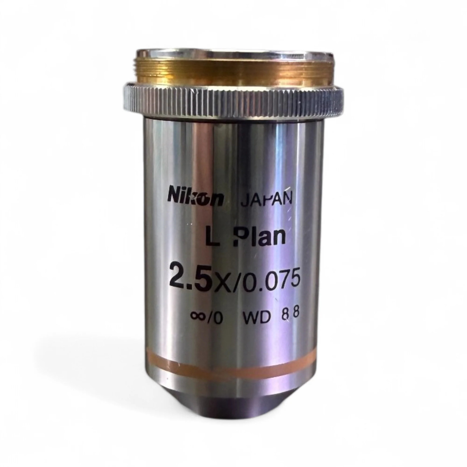 Nikon L Plan 2.5X/0.075 ∞/0 EPI WD 8.8 Microscope Objective Lens w/ Adapter