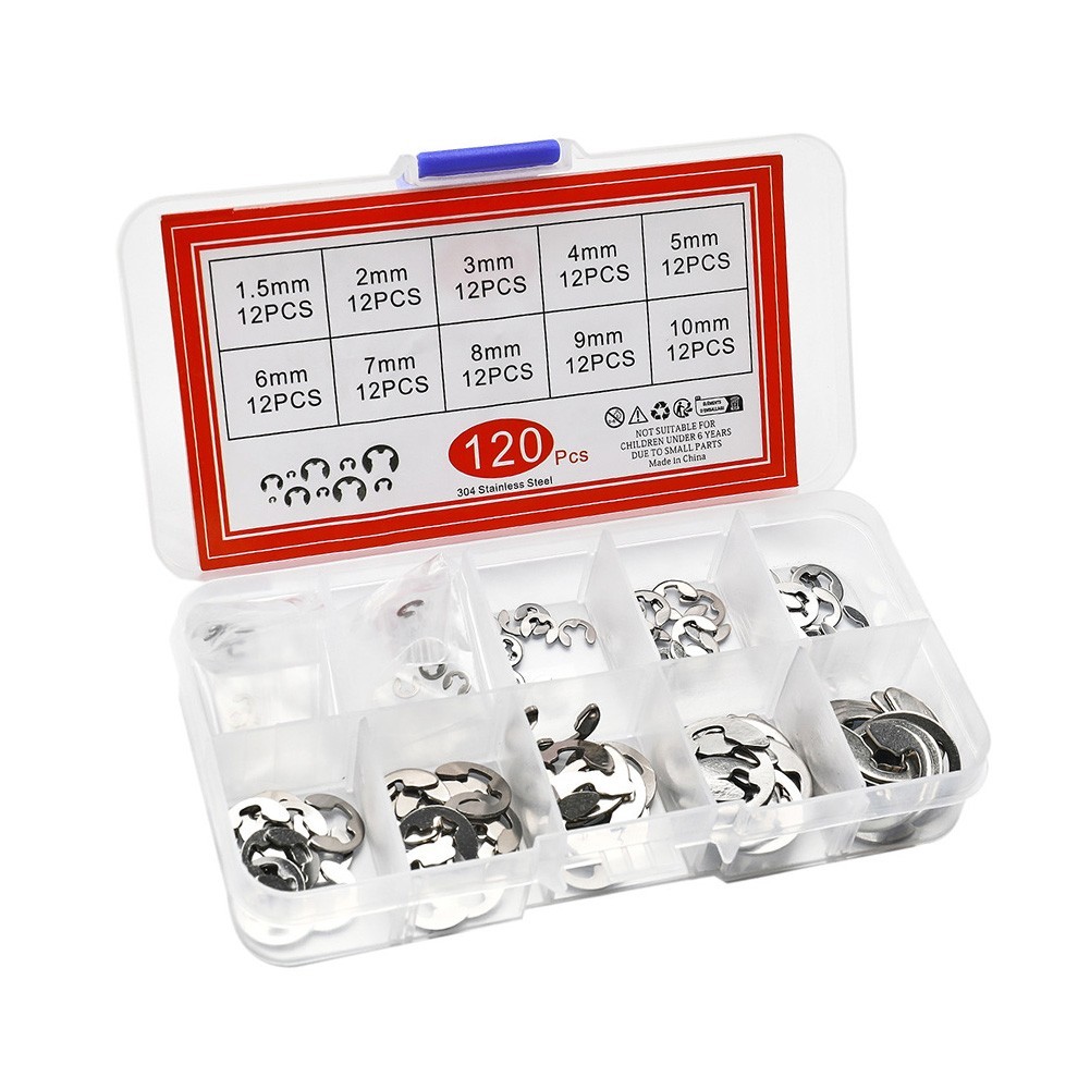 120pc Retaining Ring Assortment Stainless Steel E-Clips Washers M1.5-M10