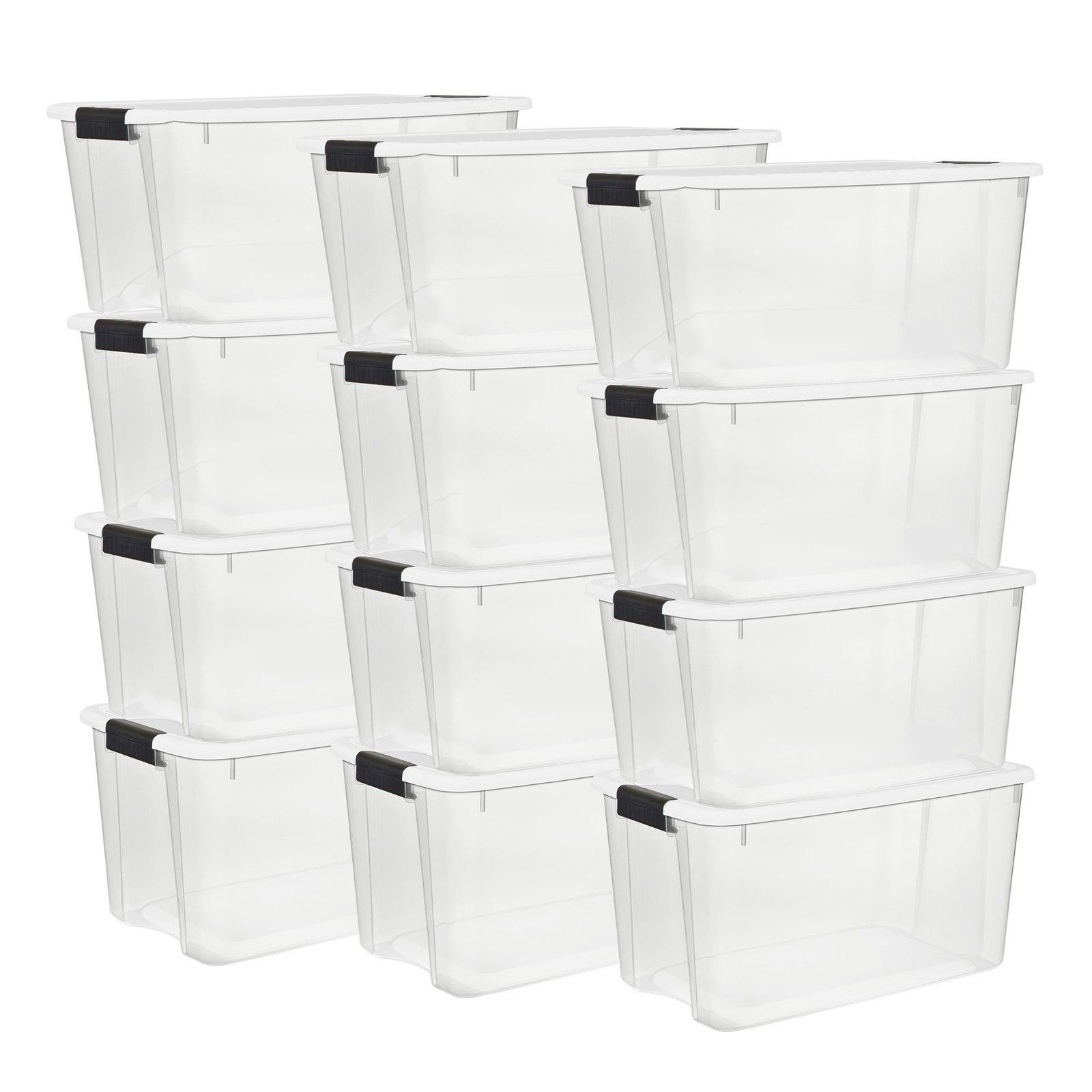 Sterilite 70 Qt Clear Plastic Stackable Storage Bin w/ White Latch Lid, 12 Pack